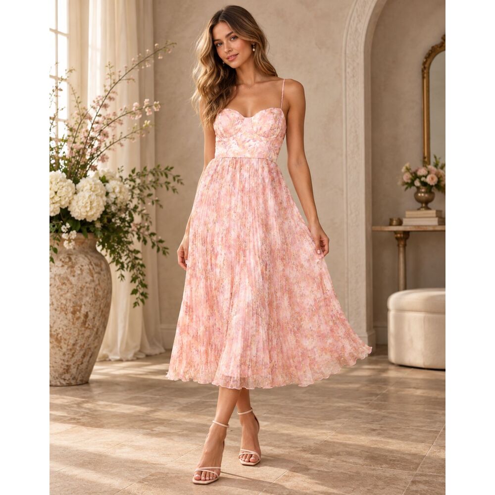 Lulus Finest Endeavor Midi Dress Blush Pink Floral Pleated Bustier Size S NWT